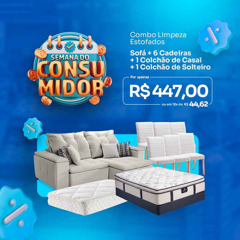 Combo de Limpeza: Sofá + 6 Cadeiras + 1 Colchão Casal + 1 Colchão de Solteiro