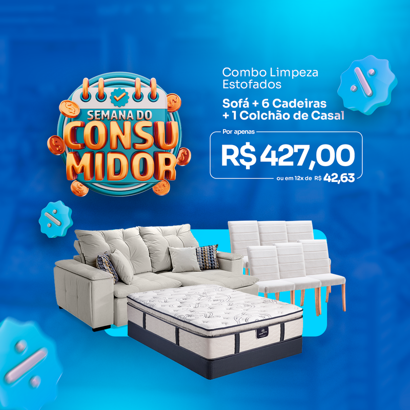Combo de Limpeza: Sofá + 6 Cadeiras + 1 Colchão Casal + 1 Colchão de Solteiro